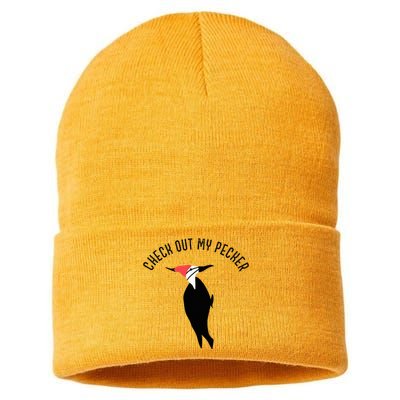 Check Out My Pecker Funny Woodpecker Bird Sustainable Knit Beanie