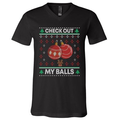 Check Out My Balls Christmas Xmas Sarcastic Joke V-Neck T-Shirt