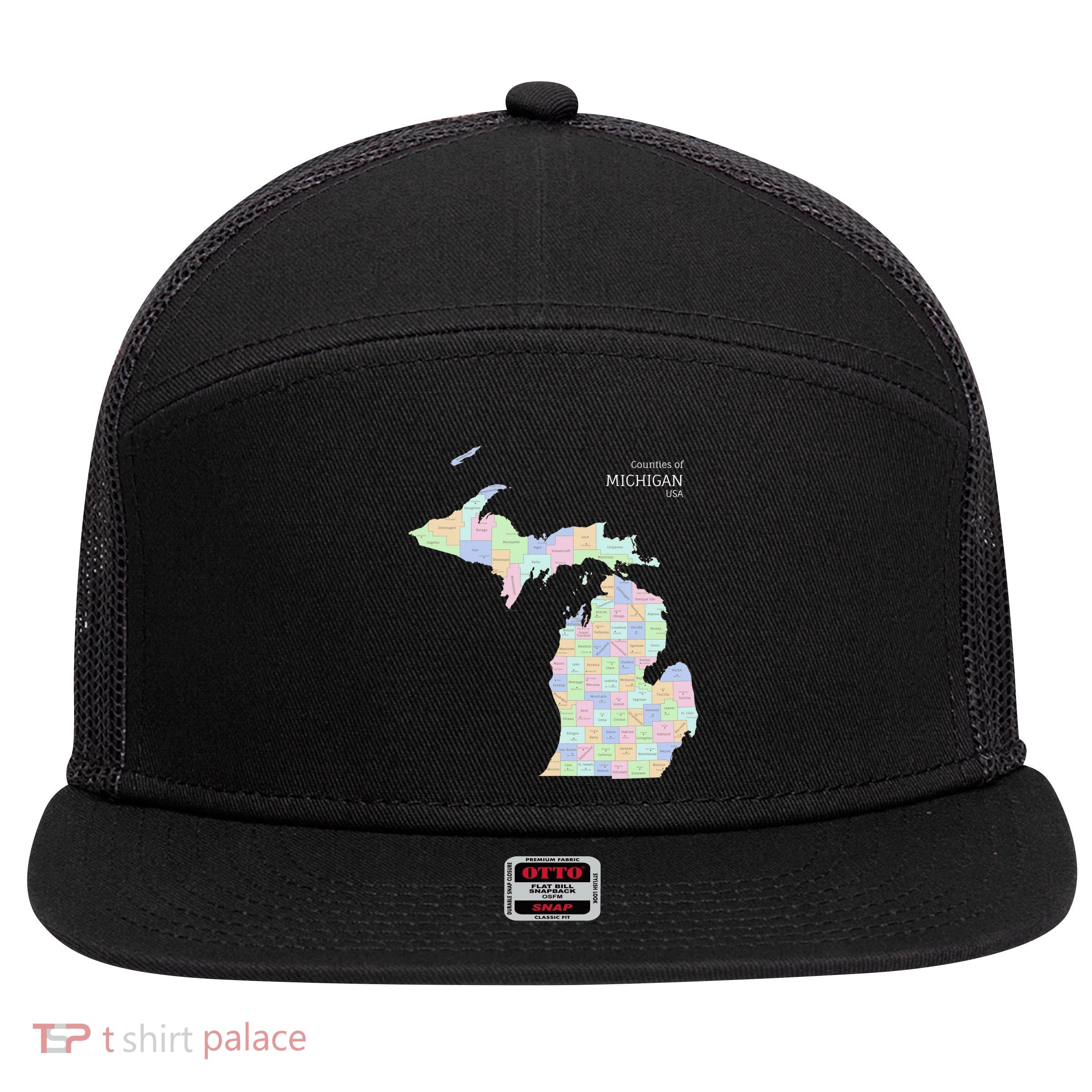 Counties Of Michigan Illustration Map 7 Panel Mesh Trucker Snapback Hat