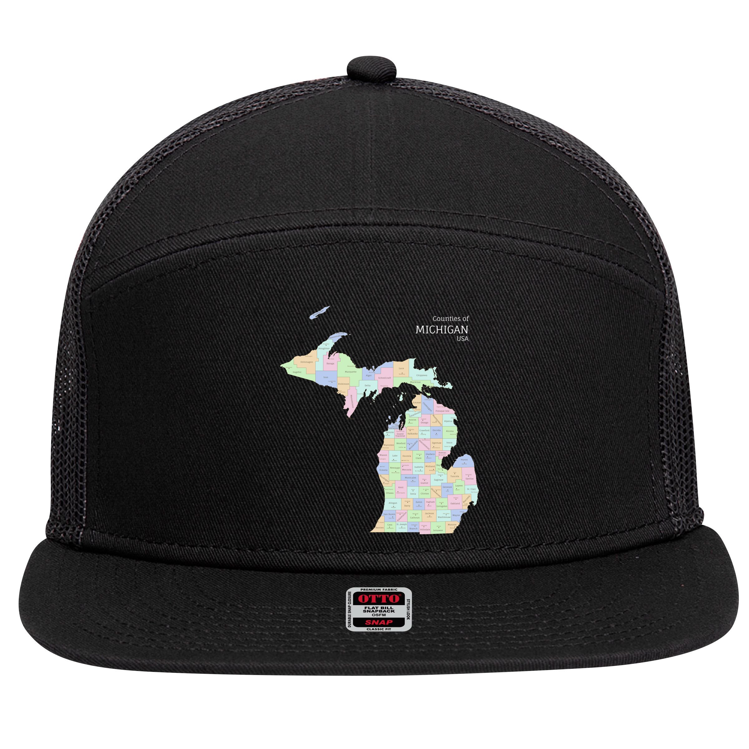 Counties Of Michigan Illustration Map 7 Panel Mesh Trucker Snapback Hat