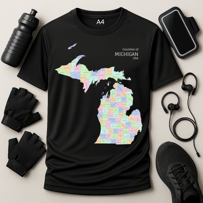 Counties Of Michigan Illustration Map Cooling Performance Crew T-Shirt