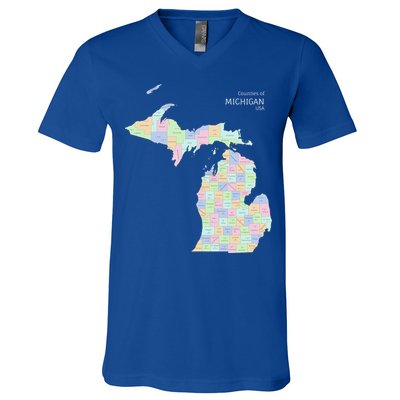 Counties Of Michigan Illustration Map V-Neck T-Shirt