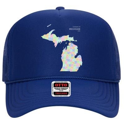 Counties Of Michigan Illustration Map High Crown Mesh Back Trucker Hat