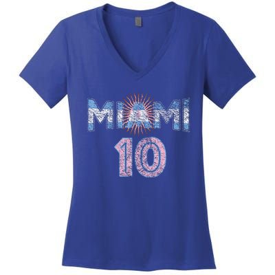 City Of Miami Argentina Blue Pink Sun 10 Flag Women's V-Neck T-Shirt