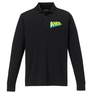 Comic Superhero Styled A-MEN  Performance Long Sleeve Polo