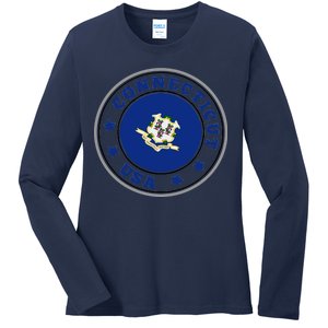 Connecticut State Flag Circle Ladies Long Sleeve Shirt