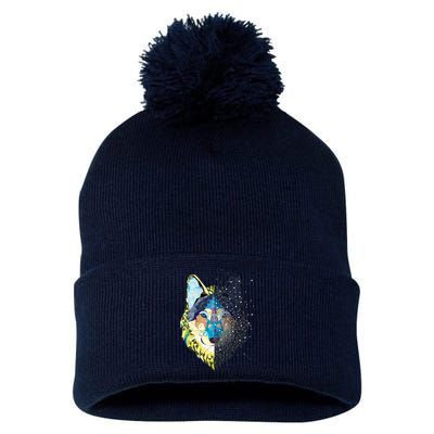 Constellation Pixel Wolf Pom Pom 12in Knit Beanie