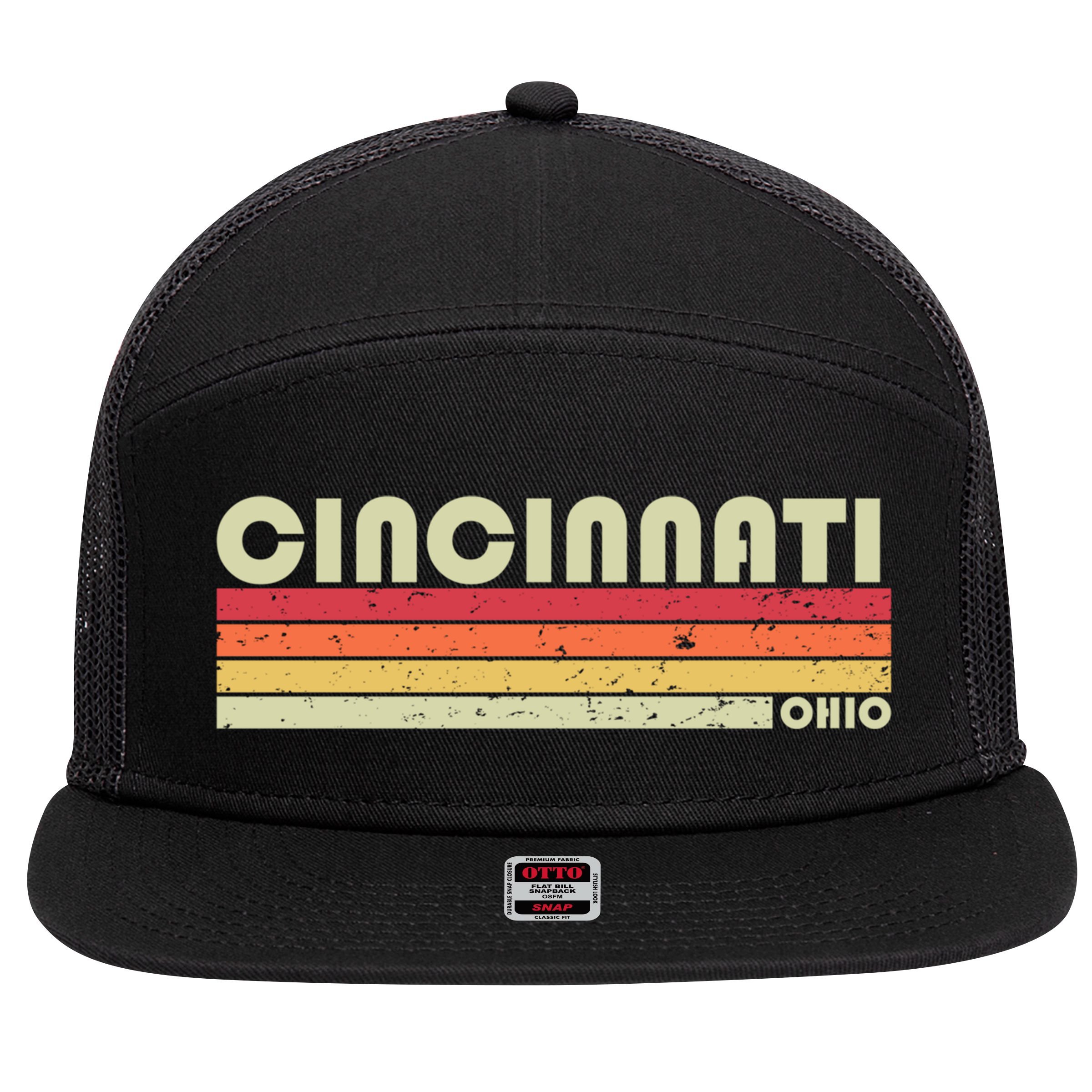 Cincinnati Oh Ohio Funny City Home Roots Gift Retro 70s 80s Gift 7 Panel Mesh Trucker Snapback Hat