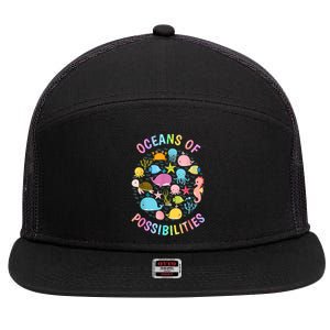 Cute Oceans Of Possibilities Summer Reading Sea Creatures 7 Panel Mesh Trucker Snapback Hat