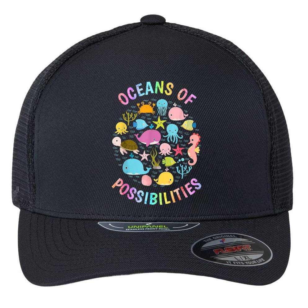 Cute Oceans Of Possibilities Summer Reading Sea Creatures Flexfit Unipanel Trucker Cap