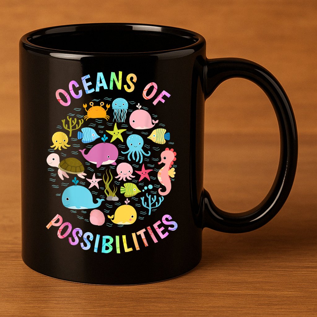 Cute Oceans Of Possibilities Summer Reading Sea Creatures 11oz C Handle Ceramic Mug