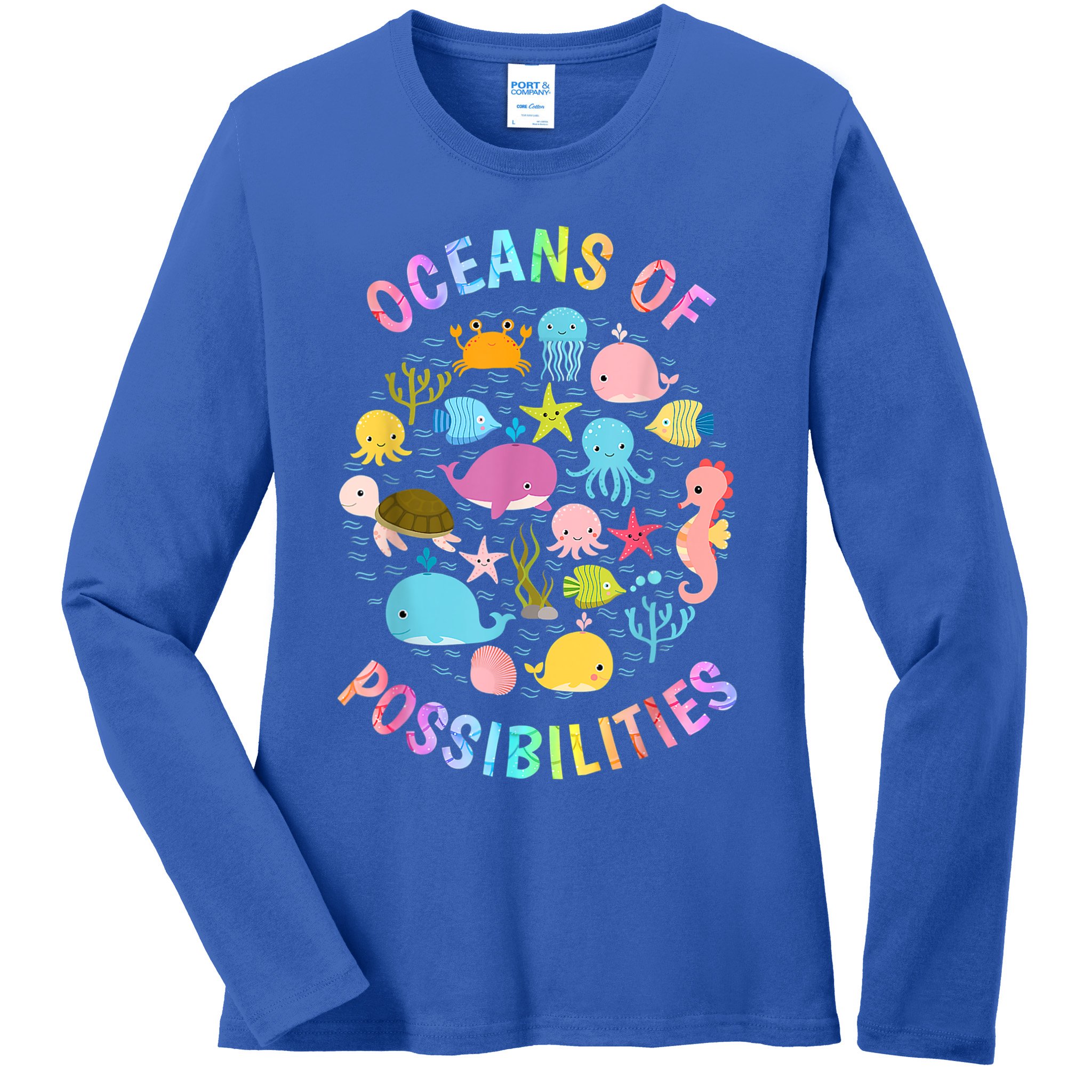Cute Oceans Of Possibilities Summer Reading Sea Creatures Ladies Long Sleeve Shirt