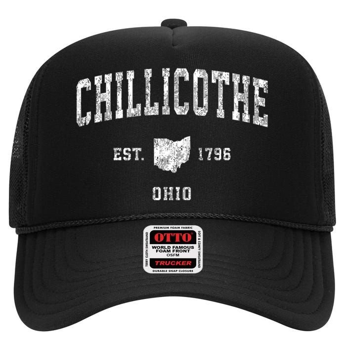 Chillicothe Ohio Oh Vintage Athletic Sports High Crown Mesh Back Trucker Hat