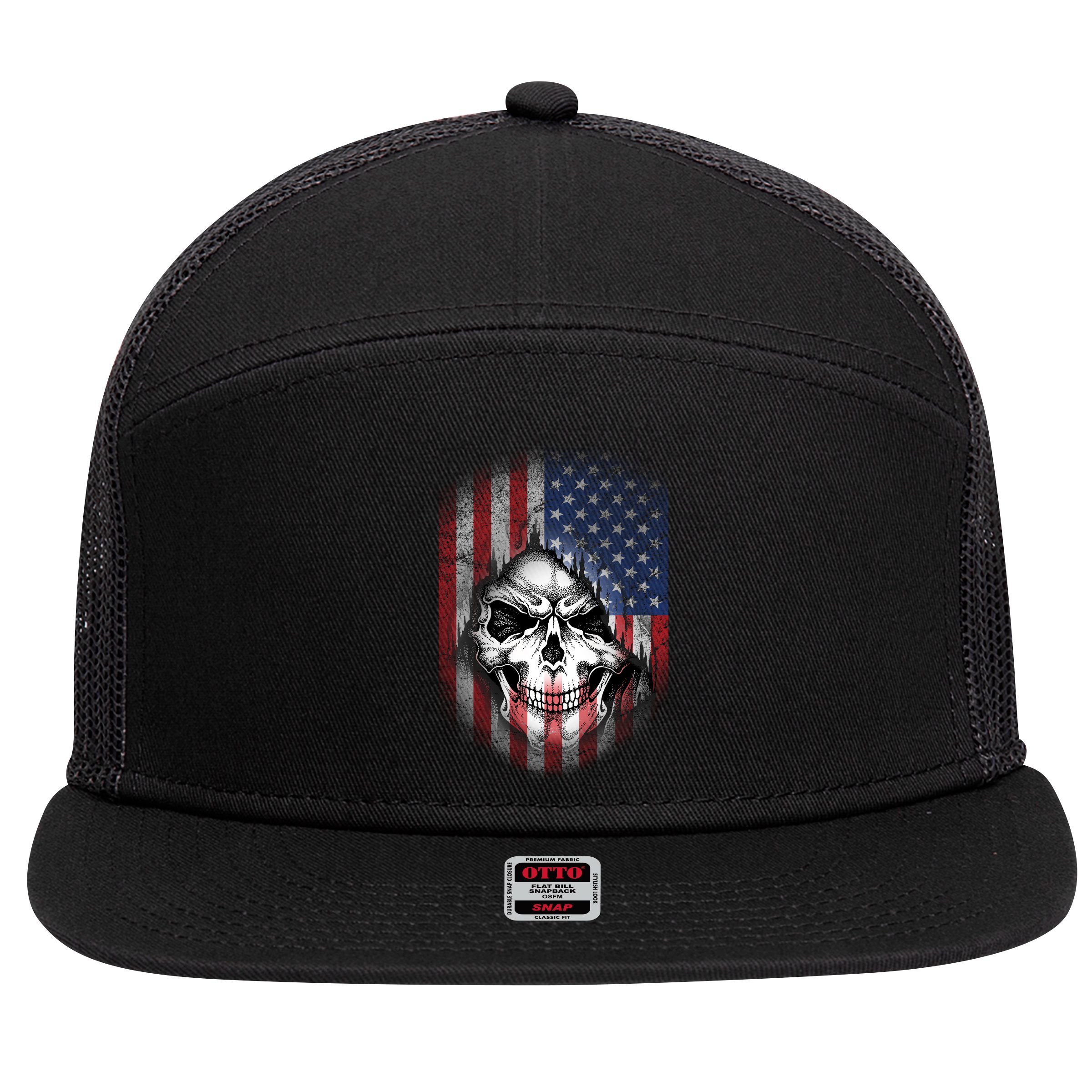 Cool American Flag Skull Graphic 7 Panel Mesh Trucker Snapback Hat