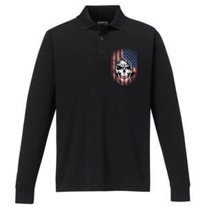 Cool American Flag Skull Graphic Performance Long Sleeve Polo