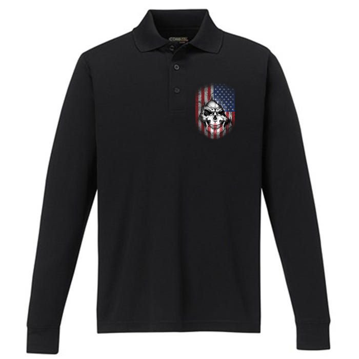 Cool American Flag Skull Graphic Performance Long Sleeve Polo