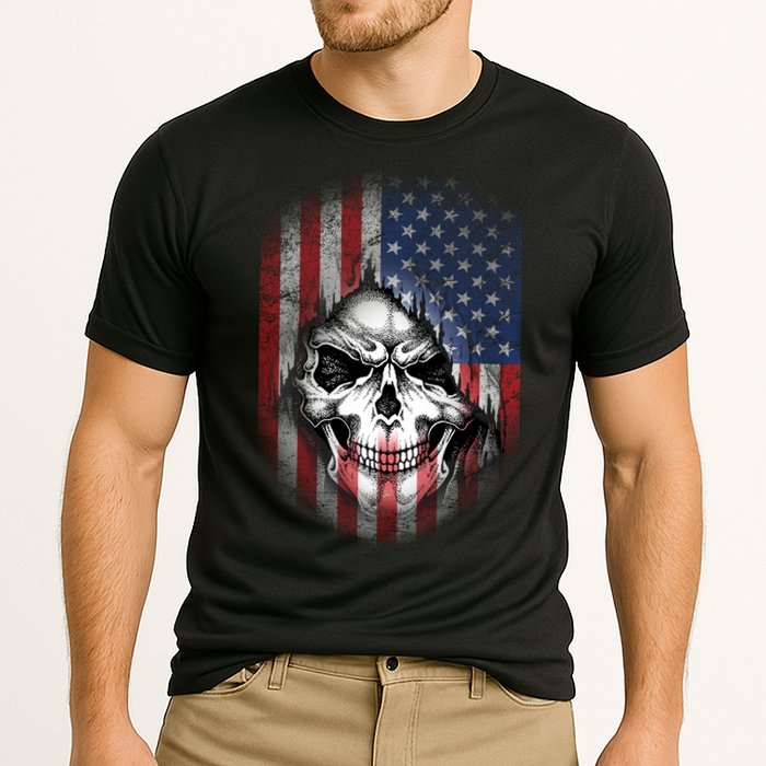 Cool American Flag Skull Graphic Cooling Performance Crew T-Shirt