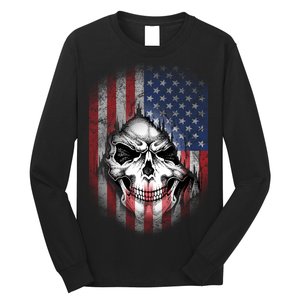 Cool American Flag Skull Graphic Long Sleeve Shirt