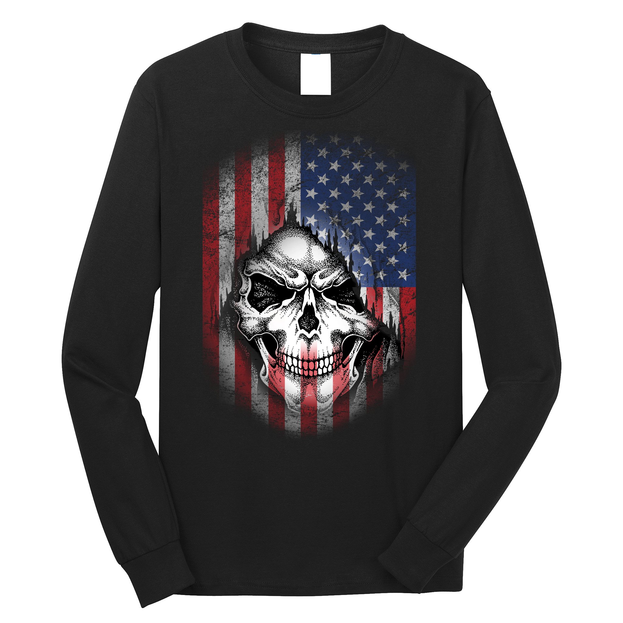 Cool American Flag Skull Graphic Long Sleeve Shirt