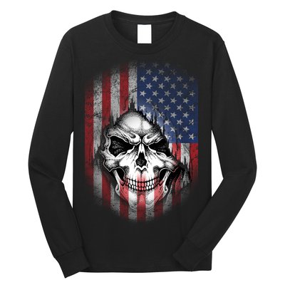 Cool American Flag Skull Graphic Long Sleeve Shirt