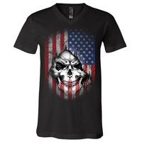 Cool American Flag Skull Graphic V-Neck T-Shirt