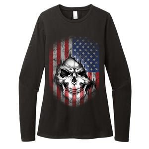 Cool American Flag Skull Graphic Womens CVC Long Sleeve Shirt