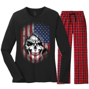 Cool American Flag Skull Graphic Women's Long Sleeve Flannel Pajama Set 