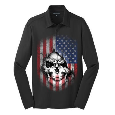 Cool American Flag Skull Graphic Silk Touch Performance Long Sleeve Polo