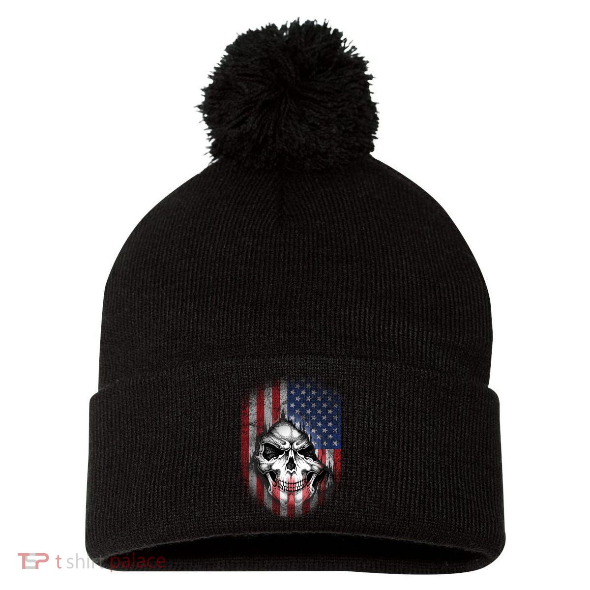 Cool American Flag Skull Graphic Pom Pom 12in Knit Beanie