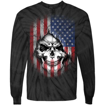 Cool American Flag Skull Graphic Tie-Dye Long Sleeve Shirt