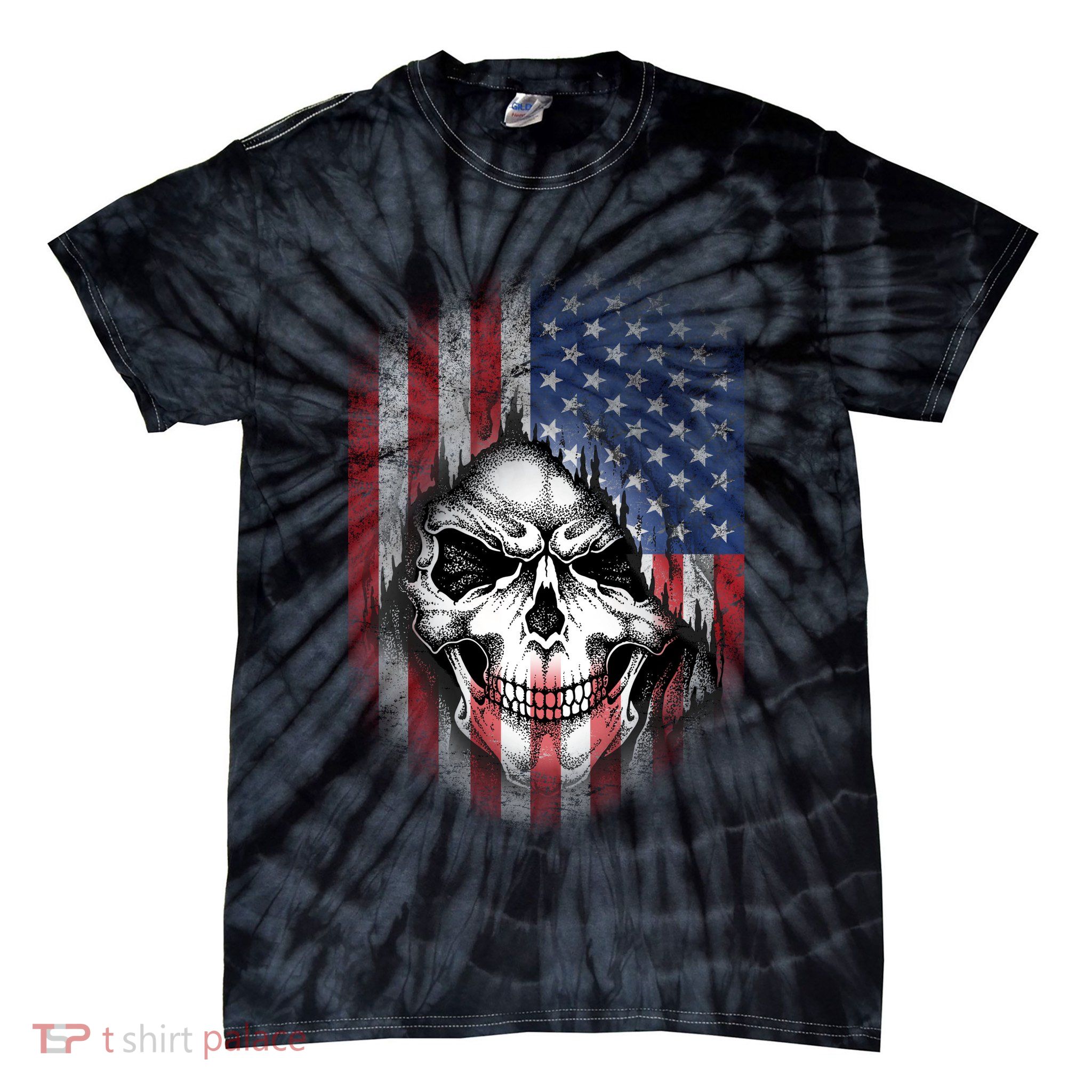 Cool American Flag Skull Graphic Tie-Dye T-Shirt