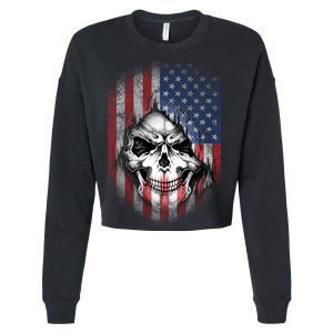 Cool American Flag Skull Graphic Cropped Pullover Crew