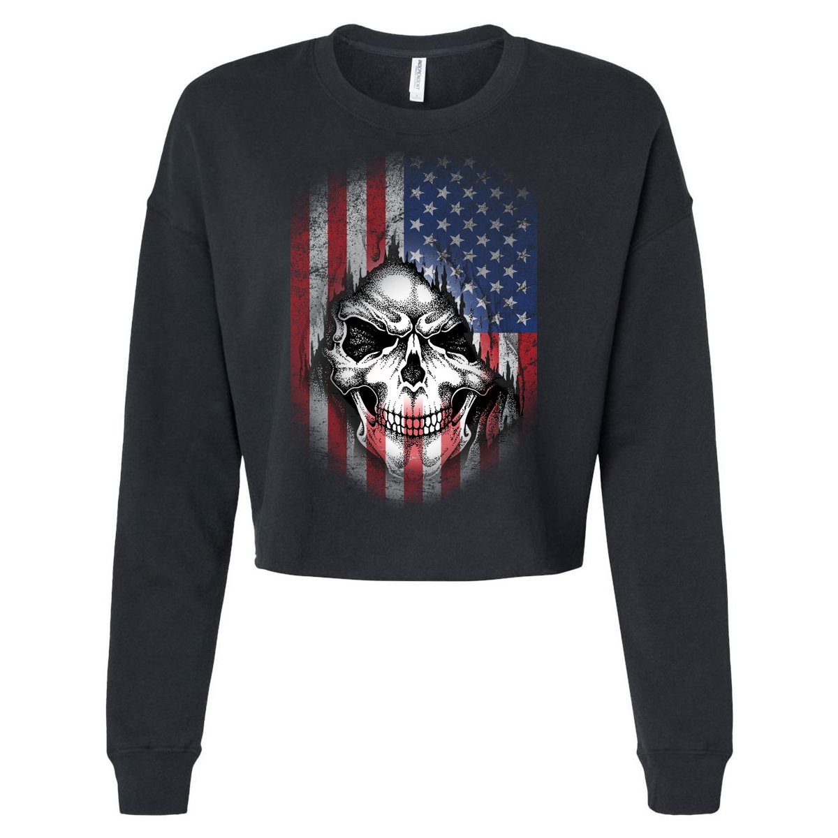 Cool American Flag Skull Graphic Cropped Pullover Crew