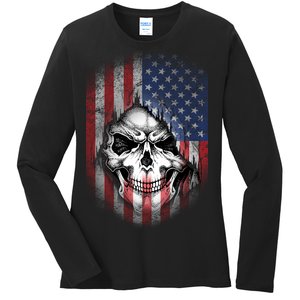 Cool American Flag Skull Graphic Ladies Long Sleeve Shirt