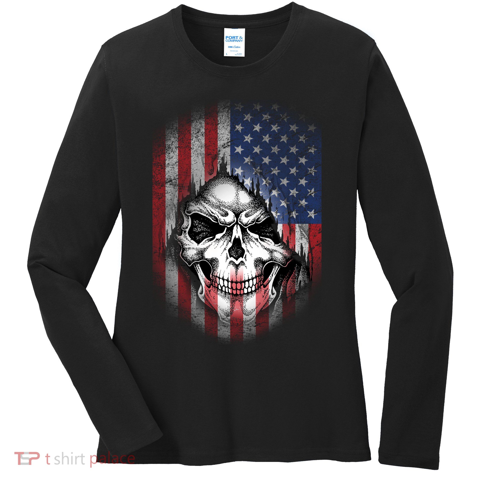 Cool American Flag Skull Graphic Ladies Long Sleeve Shirt
