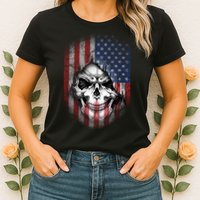 Cool American Flag Skull Graphic Womens T-Shirt