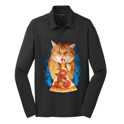 Cool and Funny Pizza Cat Silk Touch Performance Long Sleeve Polo