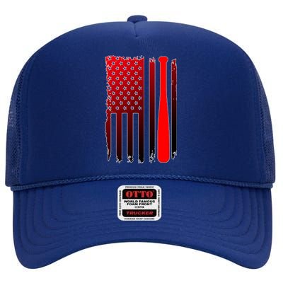 Cool Baseball Bat American Flag USA High Crown Mesh Back Trucker Hat