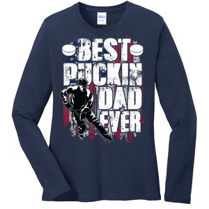 Cool Best Puckin Dad Ever Hockey Dad Ladies Long Sleeve Shirt