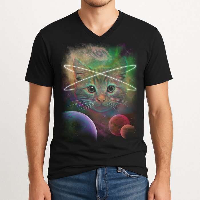 Cool Cat Nebula Space Universe  V-Neck T-Shirt