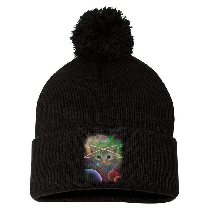 Cool Cat Nebula Space Universe  Pom Pom 12in Knit Beanie