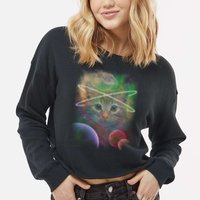 Cool Cat Nebula Space Universe  Cropped Pullover Crew