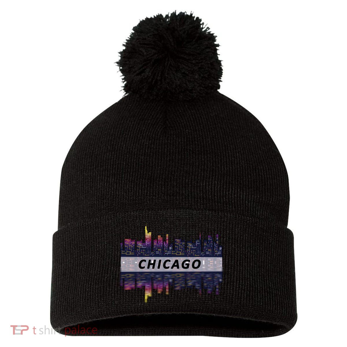 Cool Chicago Skyline Pom Pom 12in Knit Beanie