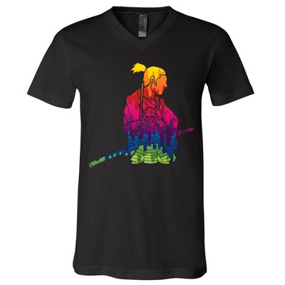 Cool Colorful Samurai Katana V-Neck T-Shirt