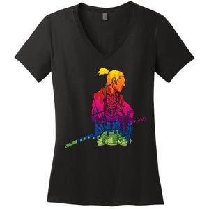 Cool Colorful Samurai Katana Women's V-Neck T-Shirt