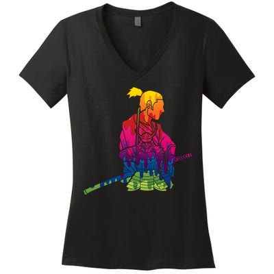 Cool Colorful Samurai Katana Women's V-Neck T-Shirt