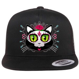 Cool Day Of The Dead Cat Flat Bill Trucker Hat