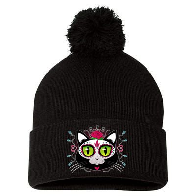 Cool Day Of The Dead Cat Pom Pom 12in Knit Beanie