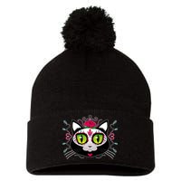 Cool Day Of The Dead Cat Pom Pom 12in Knit Beanie