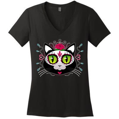 Cool Day Of The Dead Cat Women's V-Neck T-Shirt